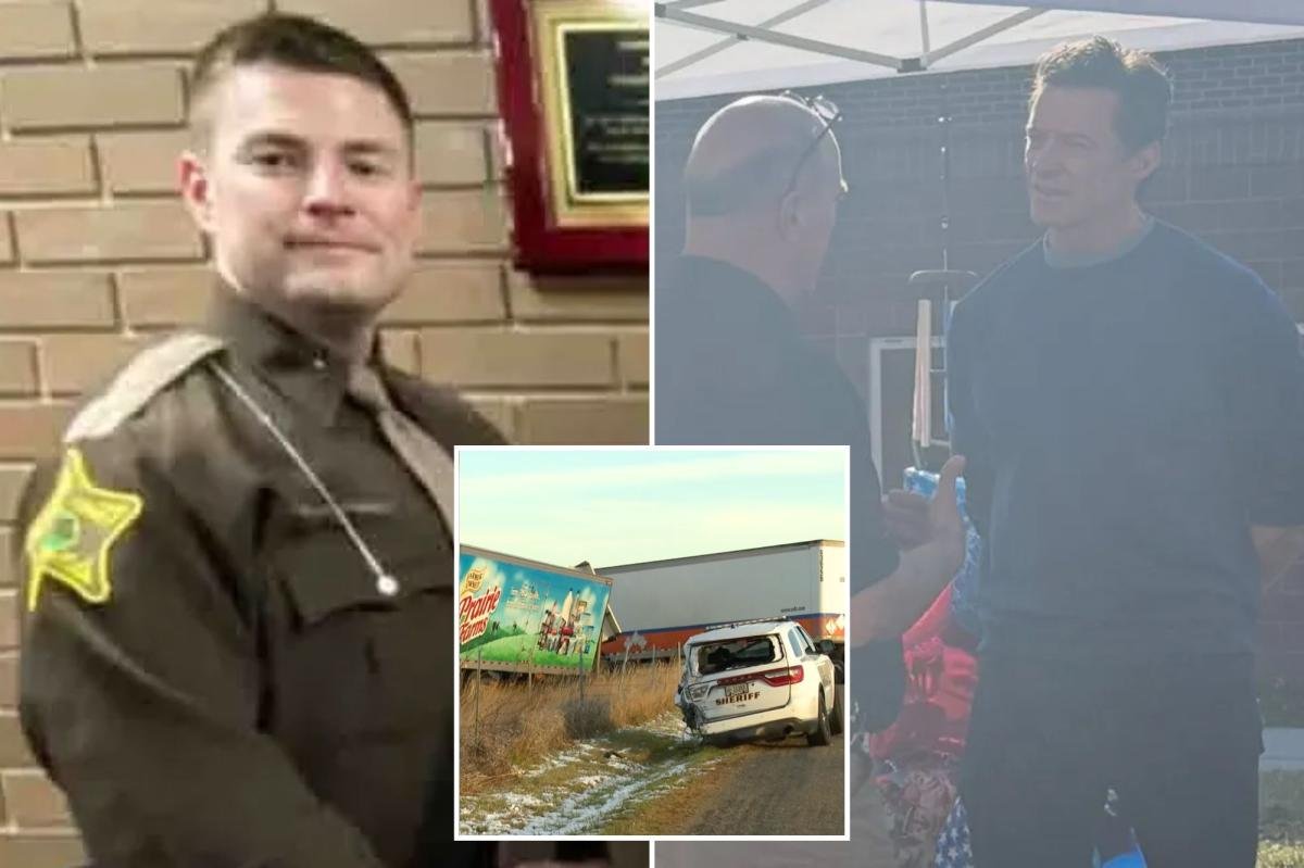 Hugh Jackman rinde homenaje en el monumento al cabo del sheriff de Indiana, Blake Reynolds, caído