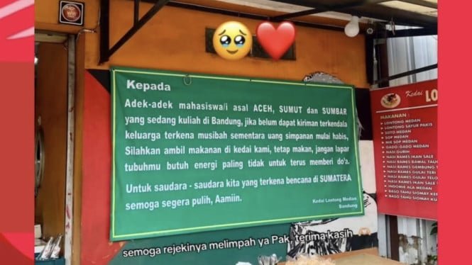Este puesto de lantang viral en Bandung ofrece comida gratis a los estudiantes víctimas de las inundaciones de Sumatra