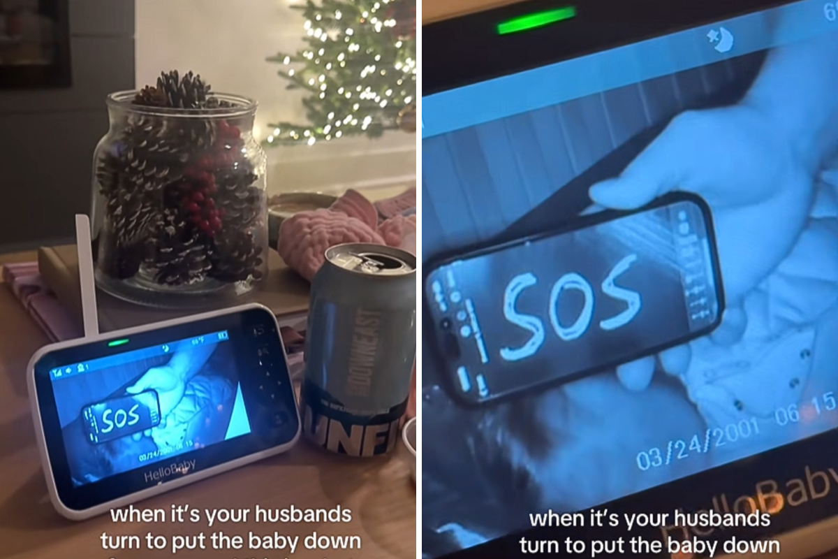 El padre acuesta al bebé para que duerma la siesta, mientras la madre se pone histérica ante lo que ve en el monitor