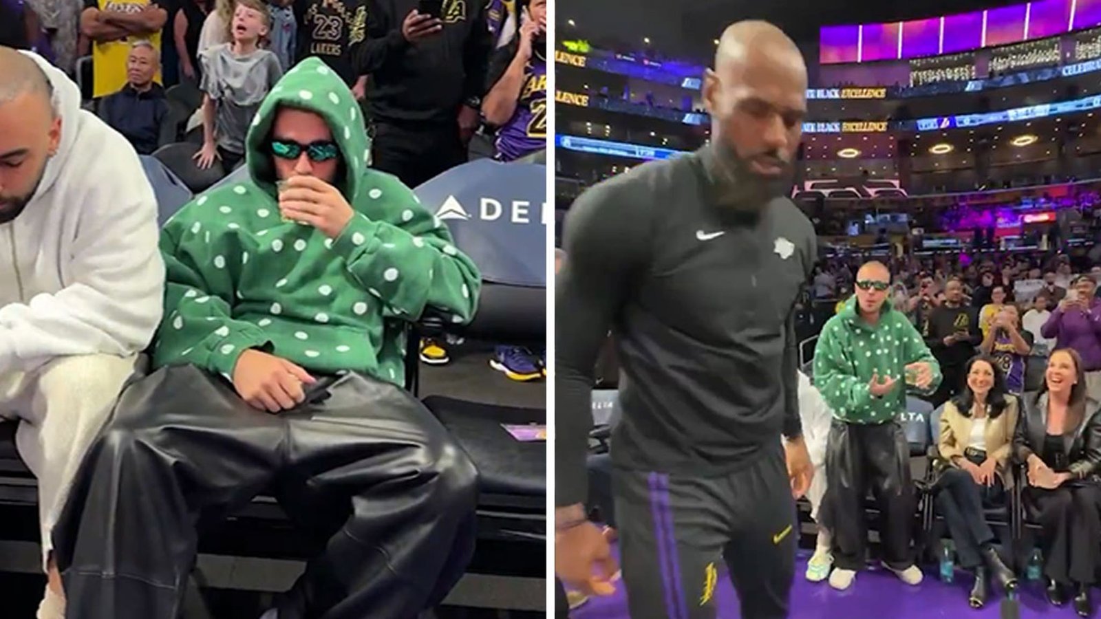 Justin Bieber da un golpe a LeBron y bebe una bebida en la cancha en el juego de los Lakers