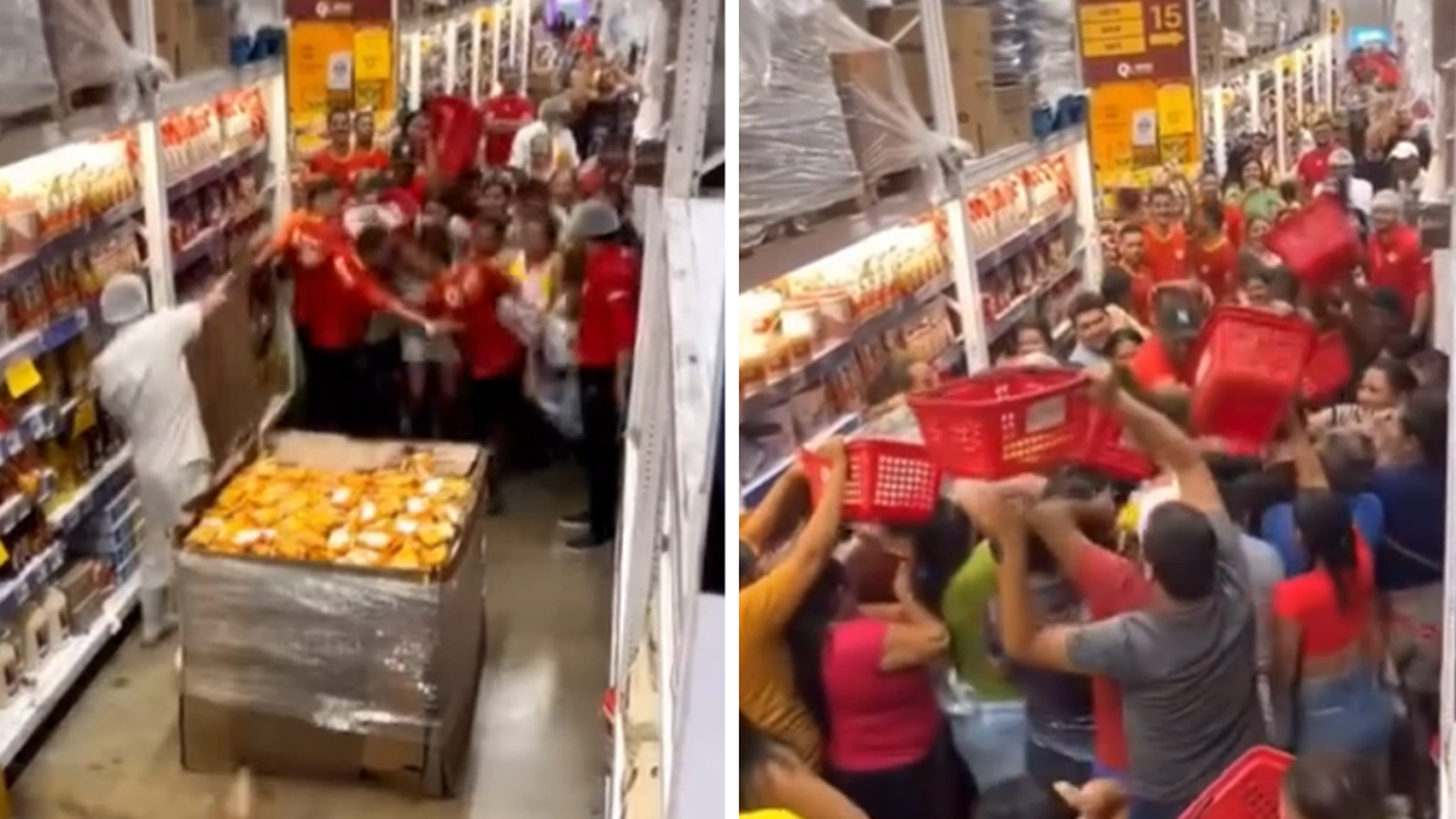 El vídeo muestra a los compradores del supermercado peleándose por los fideos con descuento.