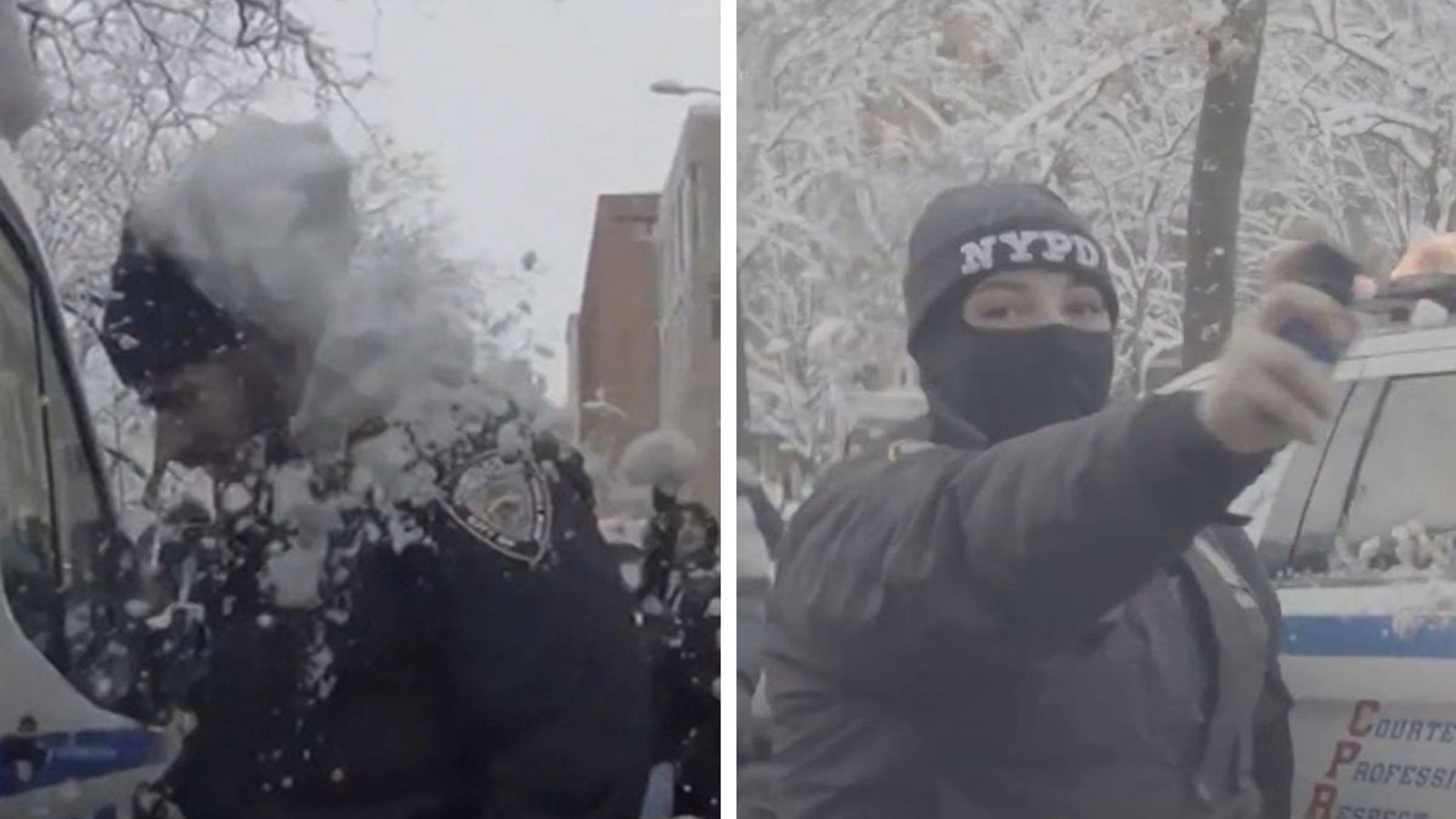 En el vídeo, la policía de Nueva York investiga después de que una turba atacara a los agentes con bolas de nieve.