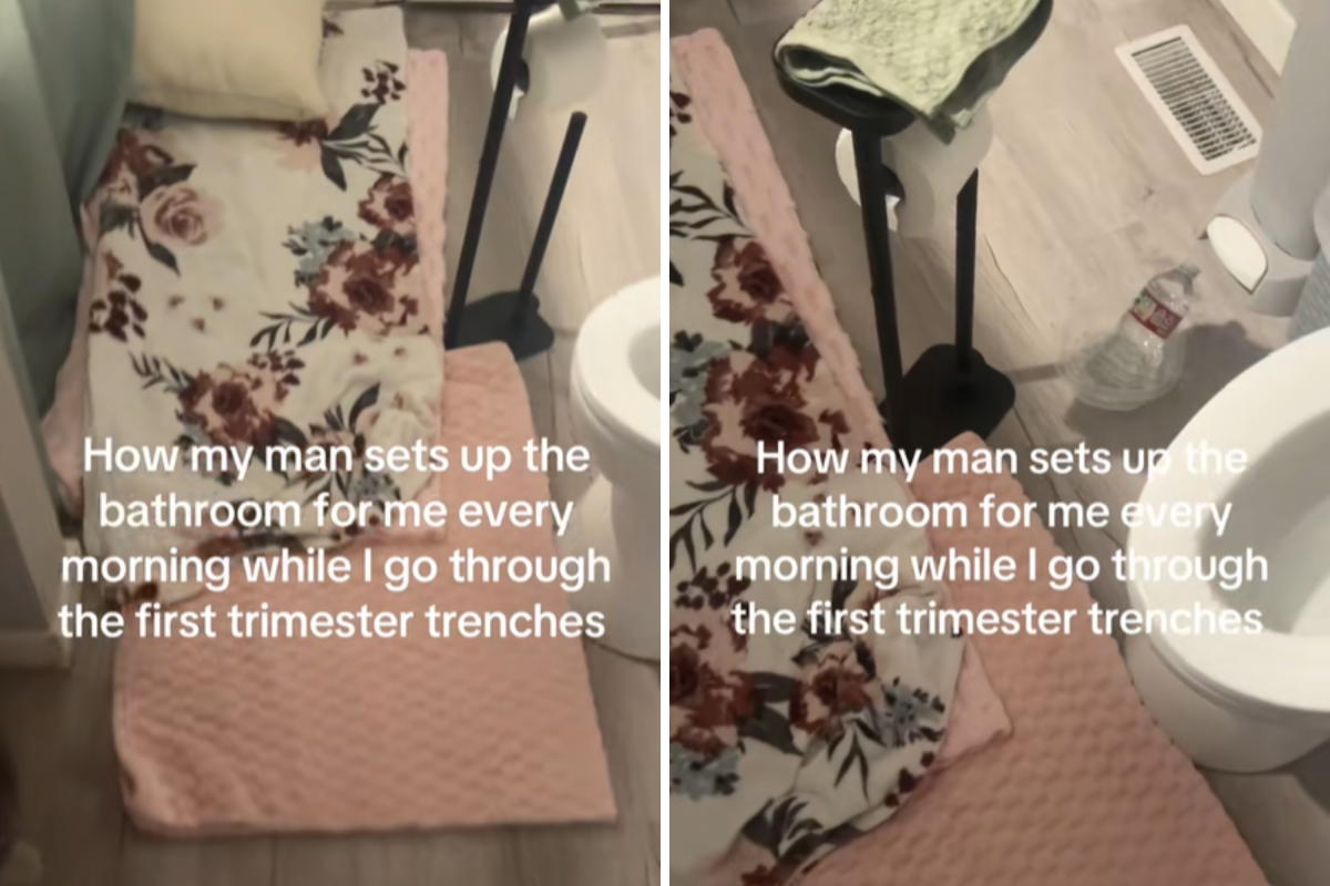 Mujer embarazada trabajando en las ‘trincheras’ del primer trimestre, su pareja interviene