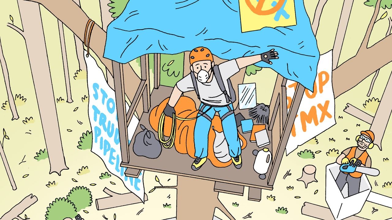 Casa en el árbol y oleoducto